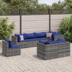 Salon de jardin 8 pcs avec coussins Gris Résine tressée