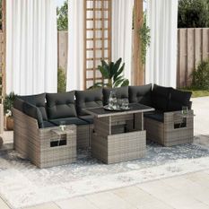 Salon de jardin 8 pcs avec coussins gris résine tressée