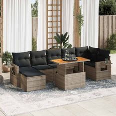 Salon de jardin 8 pcs avec coussins gris résine tressée