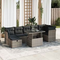 Salon de jardin 8 pcs avec coussins gris résine tressée