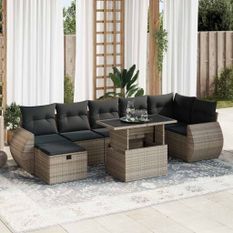 Salon de jardin 8 pcs avec coussins gris résine tressée