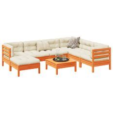 Salon de jardin 8 pcs avec coussins marron cire bois pin massif