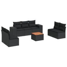 Salon de jardin 8 pcs avec coussins noir résine tressée