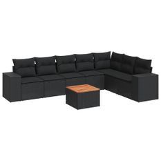 Salon de jardin 8 pcs avec coussins noir résine tressée