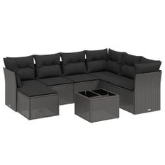 Salon de jardin 8 pcs avec coussins noir résine tressée