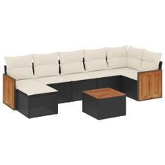 Salon de jardin 8 pcs avec coussins noir résine tressée