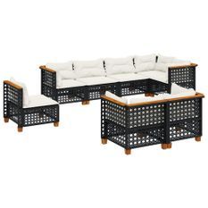 Salon de jardin 8 pcs avec coussins noir résine tressée