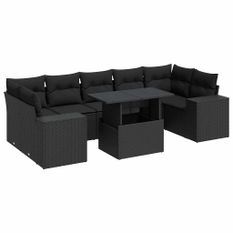 Salon de jardin 8 pcs avec coussins noir résine tressée