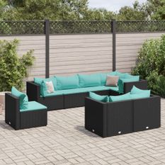 Salon de jardin 8 pcs avec coussins noir résine tressée
