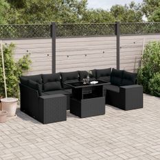 Salon de jardin 8 pcs avec coussins noir résine tressée