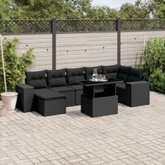 Salon de jardin 8 pcs avec coussins noir résine tressée