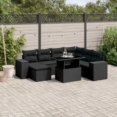 Salon de jardin 8 pcs avec coussins noir résine tressée