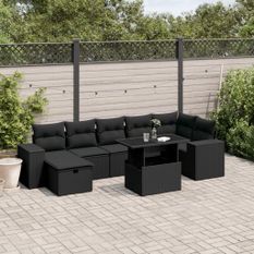 Salon de jardin 8 pcs avec coussins noir résine tressée