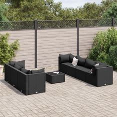 Salon de jardin 8 pcs avec coussins noir résine tressée