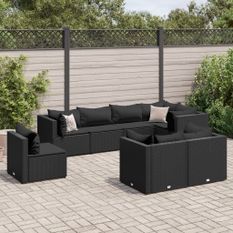 Salon de jardin 8 pcs avec coussins noir résine tressée