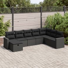 Salon de jardin 8 pcs avec coussins noir résine tressée