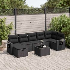 Salon de jardin 8 pcs avec coussins noir résine tressée