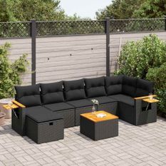 Salon de jardin 8 pcs avec coussins noir résine tressée