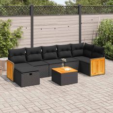 Salon de jardin 8 pcs avec coussins noir résine tressée