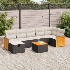 Salon de jardin 8 pcs avec coussins noir résine tressée