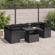 Salon de jardin 8 pcs avec coussins noir résine tressée