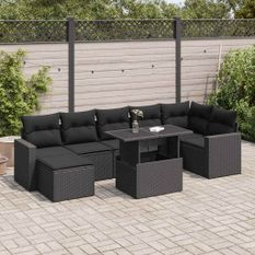 Salon de jardin 8 pcs avec coussins noir résine tressée