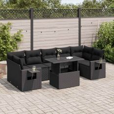 Salon de jardin 8 pcs avec coussins noir résine tressée