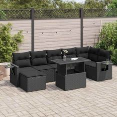 Salon de jardin 8 pcs avec coussins noir résine tressée