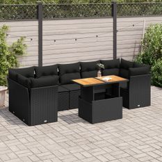 Salon de jardin 8 pcs avec coussins noir résine tressée