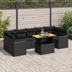 Salon de jardin 8 pcs avec coussins noir résine tressée