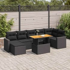 Salon de jardin 8 pcs avec coussins noir résine tressée