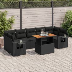 Salon de jardin 8 pcs avec coussins noir résine tressée