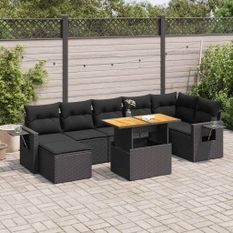 Salon de jardin 8 pcs avec coussins noir résine tressée