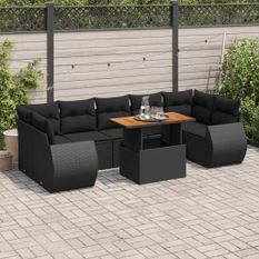 Salon de jardin 8 pcs avec coussins noir résine tressée