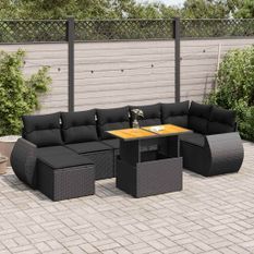 Salon de jardin 8 pcs avec coussins noir résine tressée