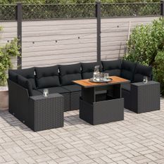 Salon de jardin 8 pcs avec coussins noir résine tressée