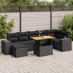 Salon de jardin 8 pcs avec coussins noir résine tressée