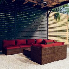Salon de jardin 8 pcs avec coussins Résine tressée Marron