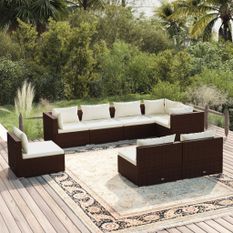 Salon de jardin 8 pcs avec coussins résine tressée marron