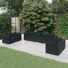 Salon de jardin 8 pcs avec coussins Résine tressée Noir