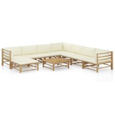 Salon de jardin 9 pcs avec coussins blanc crème Bambou