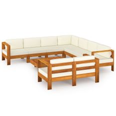 Salon de jardin 9 pcs avec coussins blanc crème Bois d'acacia 3