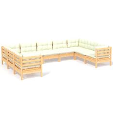 Salon de jardin 9 pcs avec coussins crème Bois de pin 5