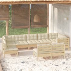 Salon de jardin 9 pcs avec coussins crème Bois de pin massif