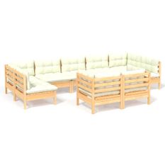 Salon de jardin 9 pcs avec coussins crème Bois de pin solide 2
