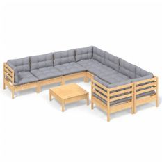 Salon de jardin 9 pcs avec coussins gris Bois de pin 6