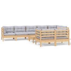 Salon de jardin 9 pcs avec coussins gris Bois de pin massif