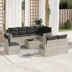 Salon de jardin 9 pcs avec coussins gris clair résine tressée