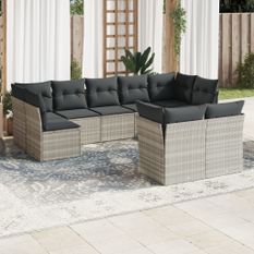 Salon de jardin 9 pcs avec coussins gris clair résine tressée