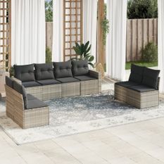 Salon de jardin 9 pcs avec coussins gris clair résine tressée